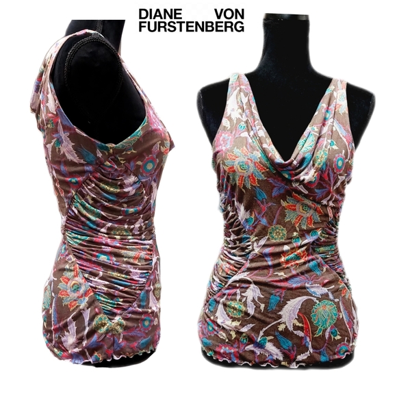 Diane Von Furstenburg Womens Silk Sleeveless Cowl Neck Ruched Sides Top Size SML - Picture 2 of 8
